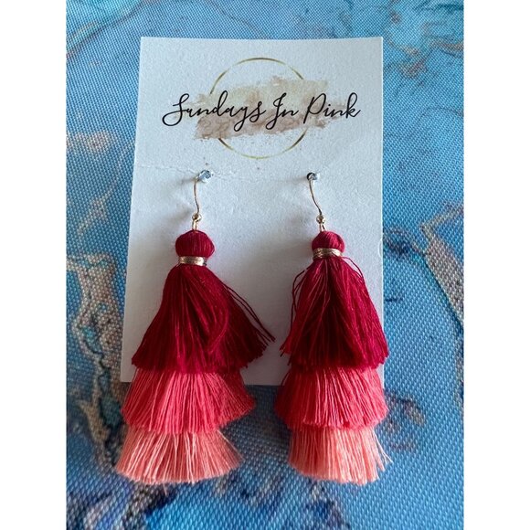 SASHA Red Coral Tiered Tassel Earrings NEW - Picture 3 of 3